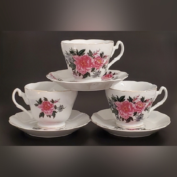 Other - (3) Pink Peonies Porcelain Teacups & Saucers with Gold Trim
